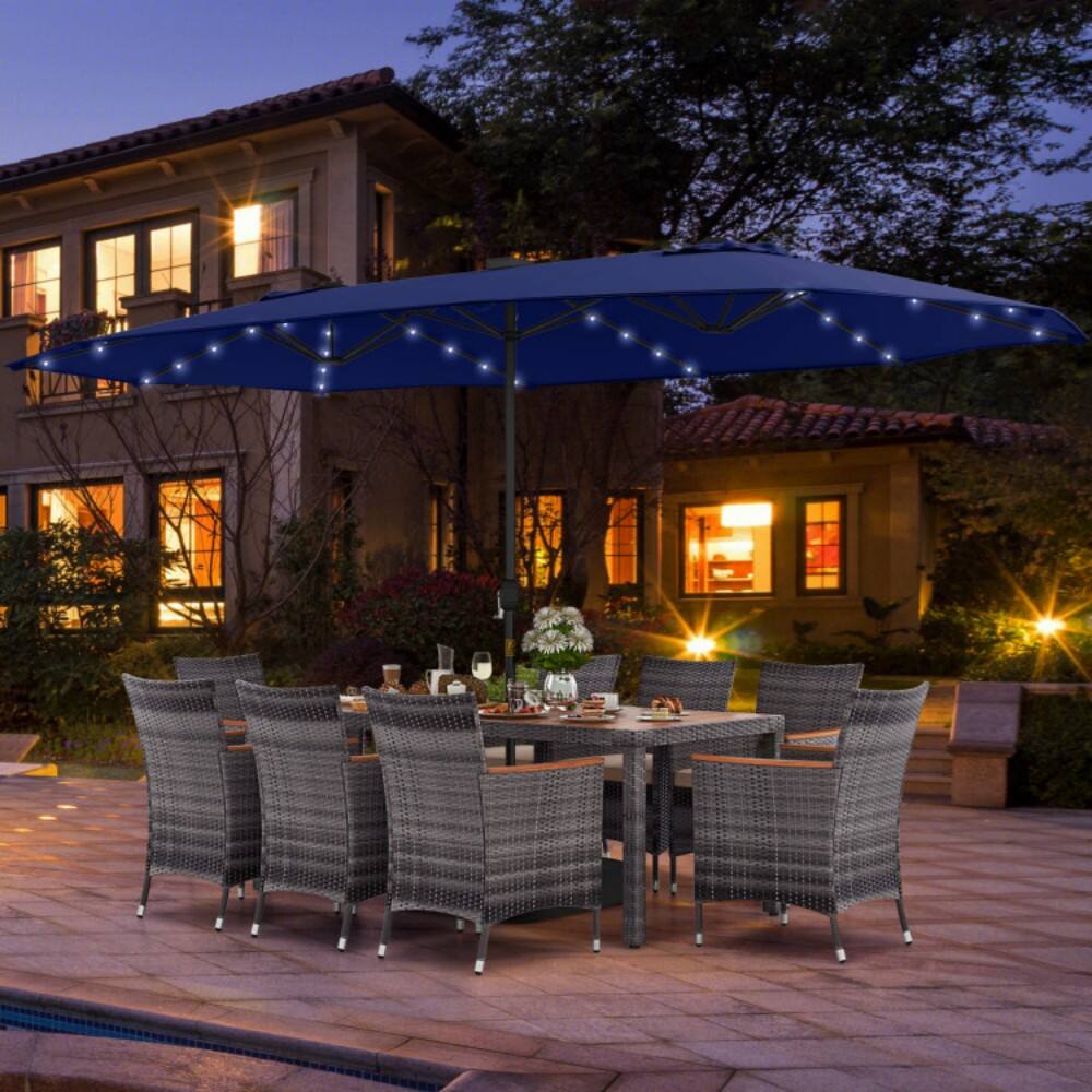 Left. Mondawe - 11 Pieces Patio Dining Set with 15 Feet Double-Sided Patio Umbrella Base Included - Navy.