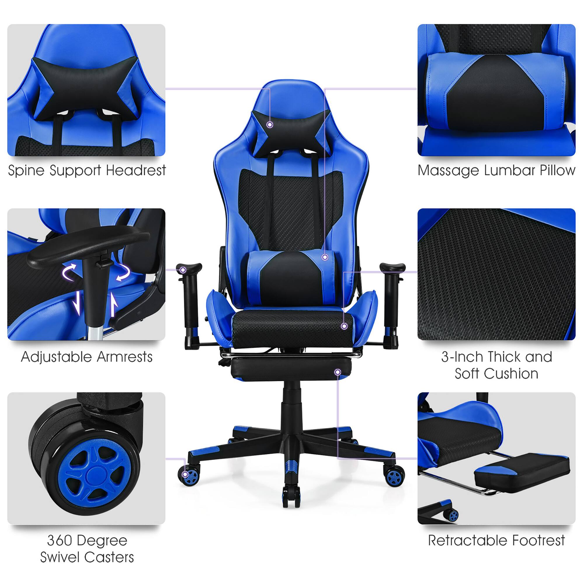 The text on the image is already grouped and correctly labeled. The labels include: Spine Support Headrest, Massage Lumbar Pillow, Adjustable Armrests, 3-Inch Thick and Soft Cushion, 360 Degree Swivel Casters, and Retractable Footrest.