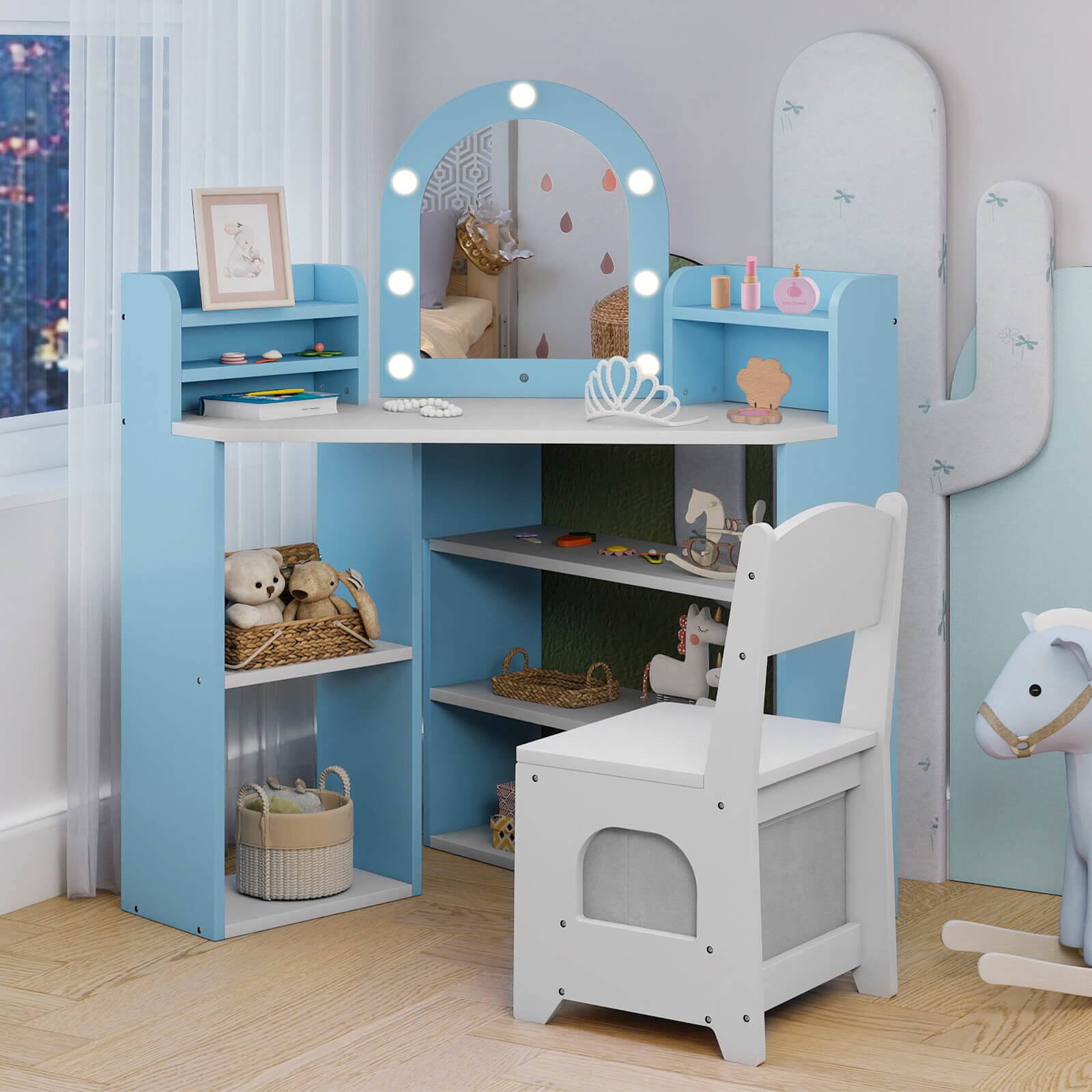 Alt View 3. Costway - Costway Corner Kids Vanity with Lights, 3 Storage Shelves, 5 Open Compartments, Accessories - Blue + White.