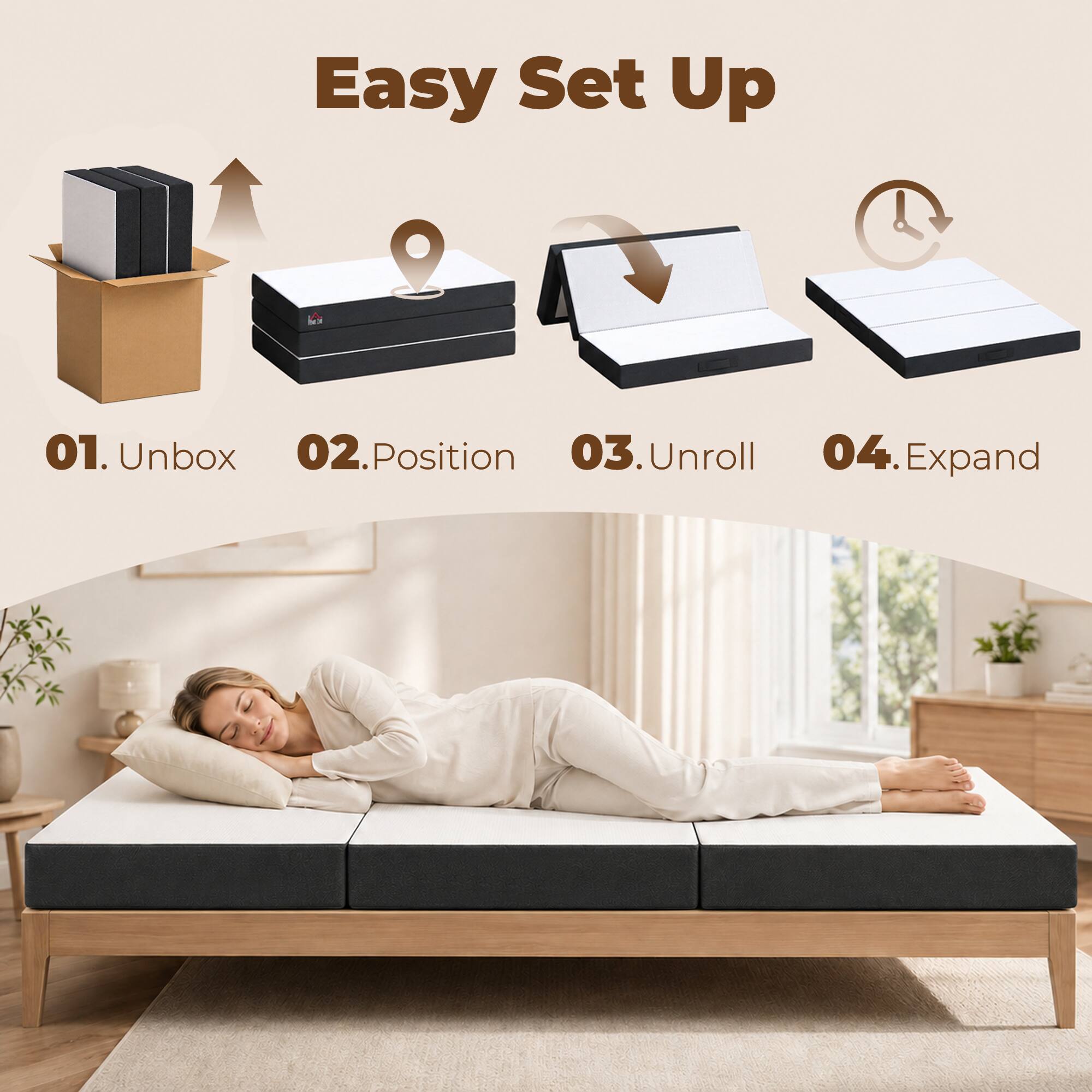 Easy Set Up

01. Unbox
02. Position
03. Unroll
04. Expand