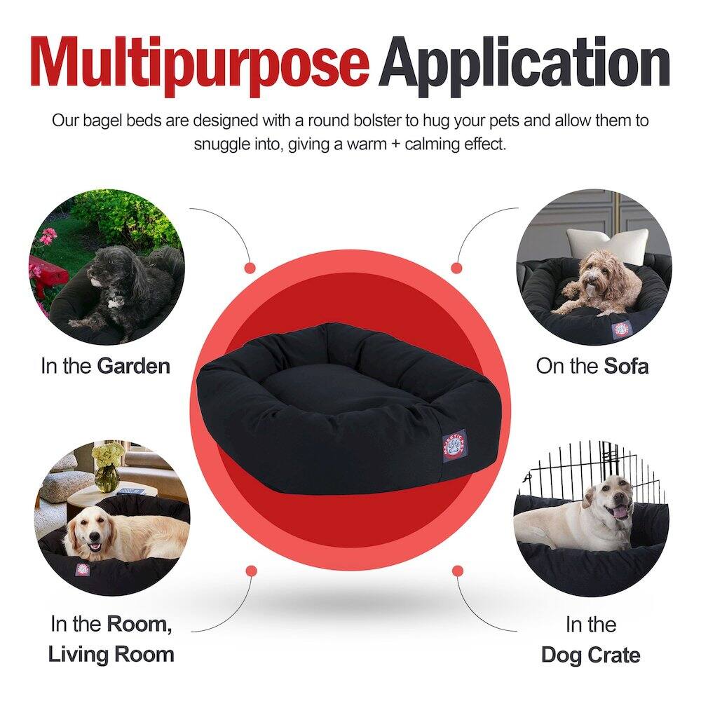 Multipurpose Application

Our bagel beds are designed with a round bolster to hug your pets and allow them to snuggle into, giving a warm + calming effect.

- In the Garden
- On the Sofa
- In the Room, Living Room
- In the Dog Crate