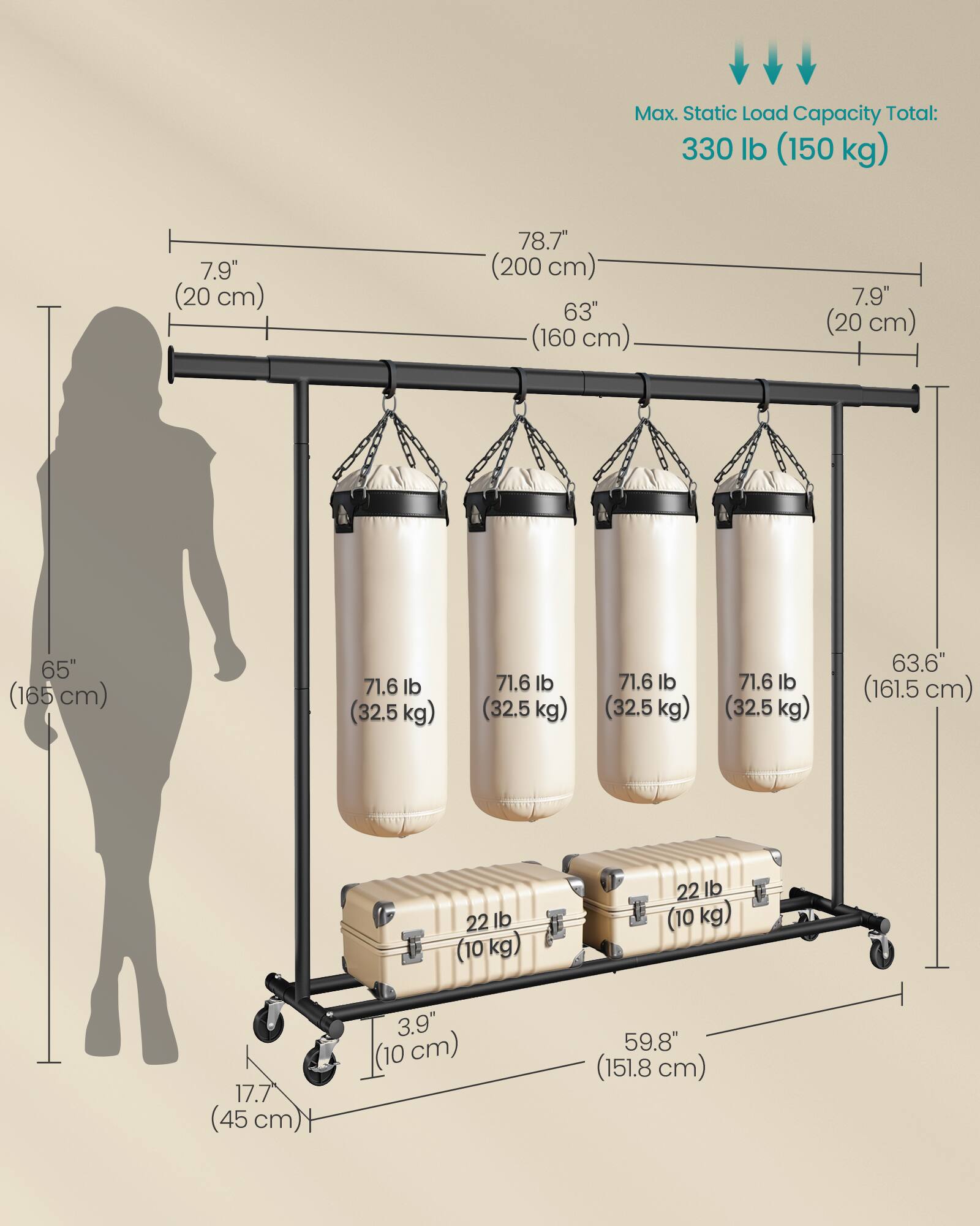 Max. Static Load Capacity Total: 330 lb (150 kg)

- 7.9" (20 cm)
- 78.7" (200 cm)
- 63" (160 cm)
- 7.9" (20 cm)
- 65" (165 cm)
- 71.6 lb (32.5 kg) (32.5 kg) (32.5 kg) (32.5 kg)
- 63.6" (161.5 cm)
- 22 lb (10 kg) (10 kg)
- 17.7" (45 cm)
- 3.9" (10 cm)
- 59.8" (151.8 cm)