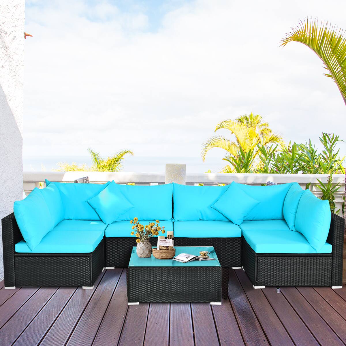 Alt View 4. Gymax - Gymax 7PCS Rattan Patio Conversation Set Sectional Furniture Set w/ Blue Cushion - Blue.