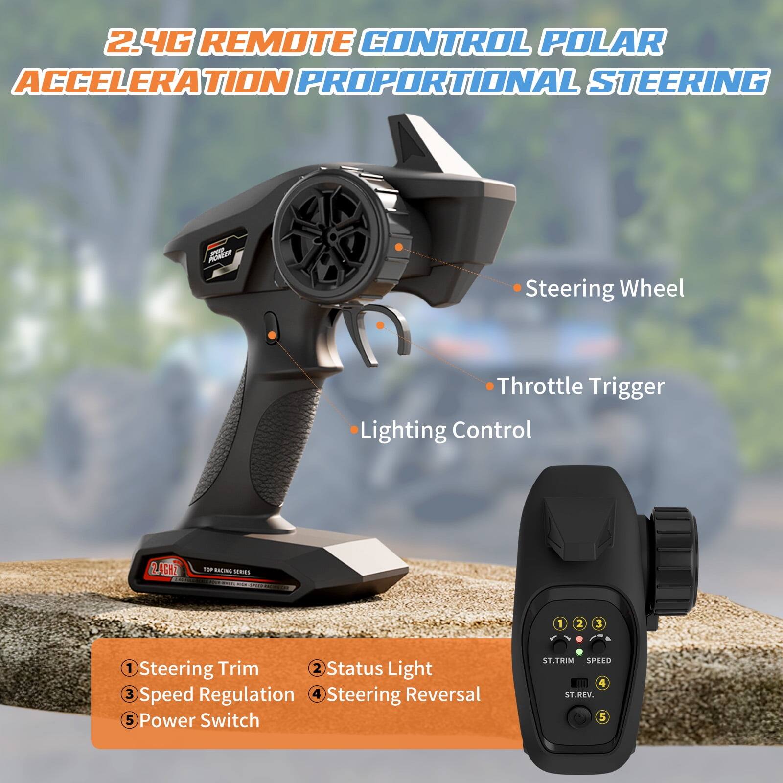 2.4G REMOTE CONTROL POLAR ACCELERATION PROPORTIONAL STEERING

- Steering Wheel
- Throttle Trigger
- Lighting Control

1. Steering Trim
2. Status Light
3. Speed Regulation
4. Steering Reversal
5. Power Switch

ST.TRIM SPEED
ST.REV.
