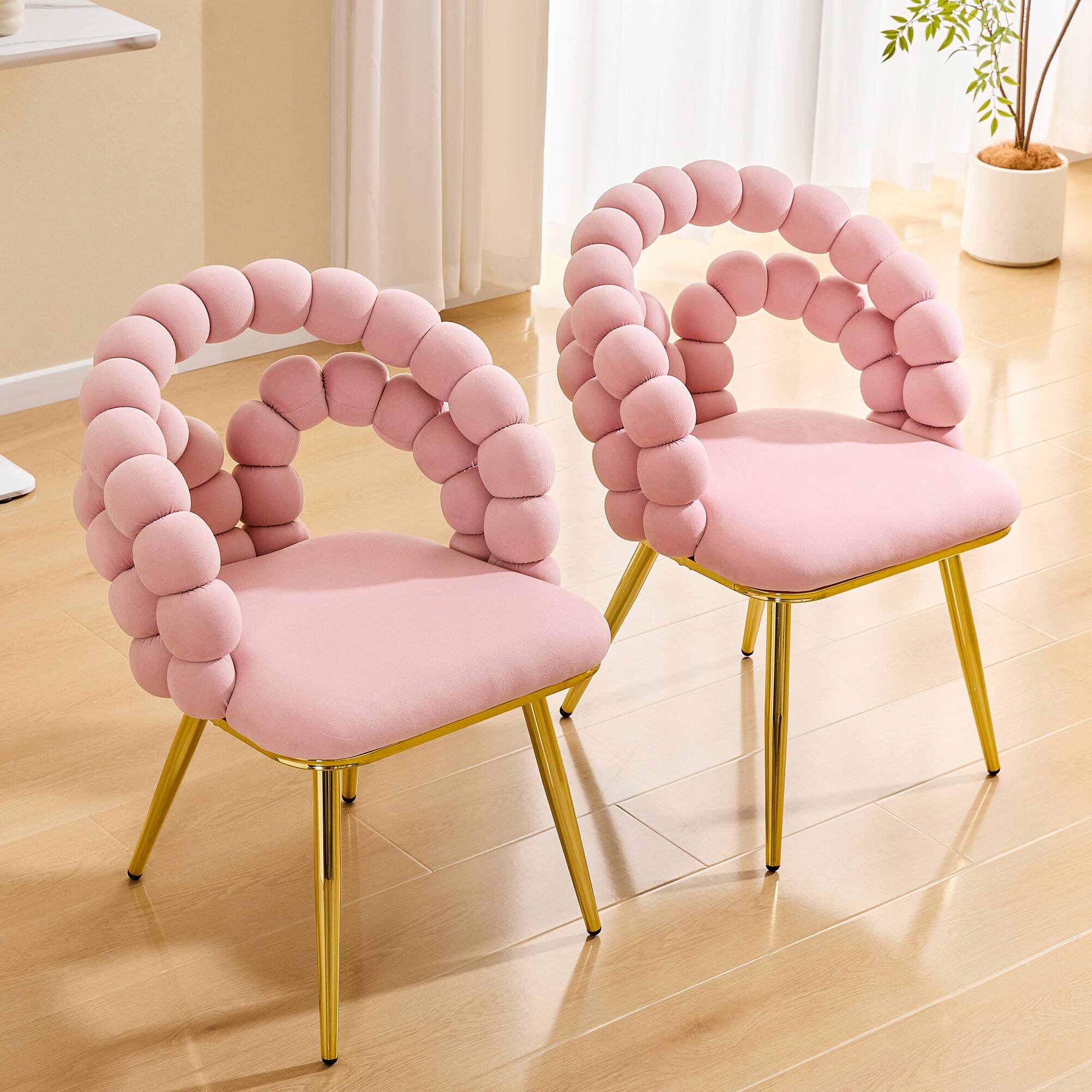 Left. Loheer - Loheer Velvet Dining Chair Set of 2, Pink Bubble Back Accent Chair with Gold Metal Legs, 1.92 ft Wide Vanity Chair - Gold,Pink.