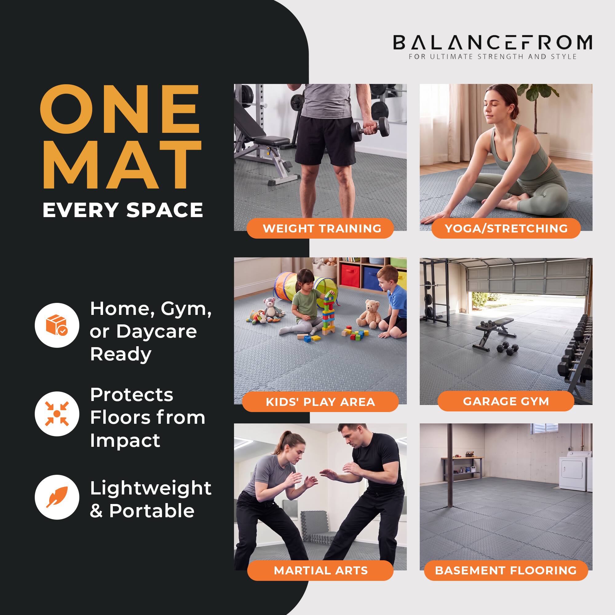 BALANCEFROM FOR ULTIMATE STRENGTH AND STYLE

ONE MAT EVERY SPACE

- WEIGHT TRAINING
- YOGA/STRETCHING
- KIDS' PLAY AREA
- GARAGE GYM
- MARTIAL ARTS
- BASEMENT FLOORING

Home, Gym, or Daycare Ready
Protects Floors from Impact
Lightweight & Portable