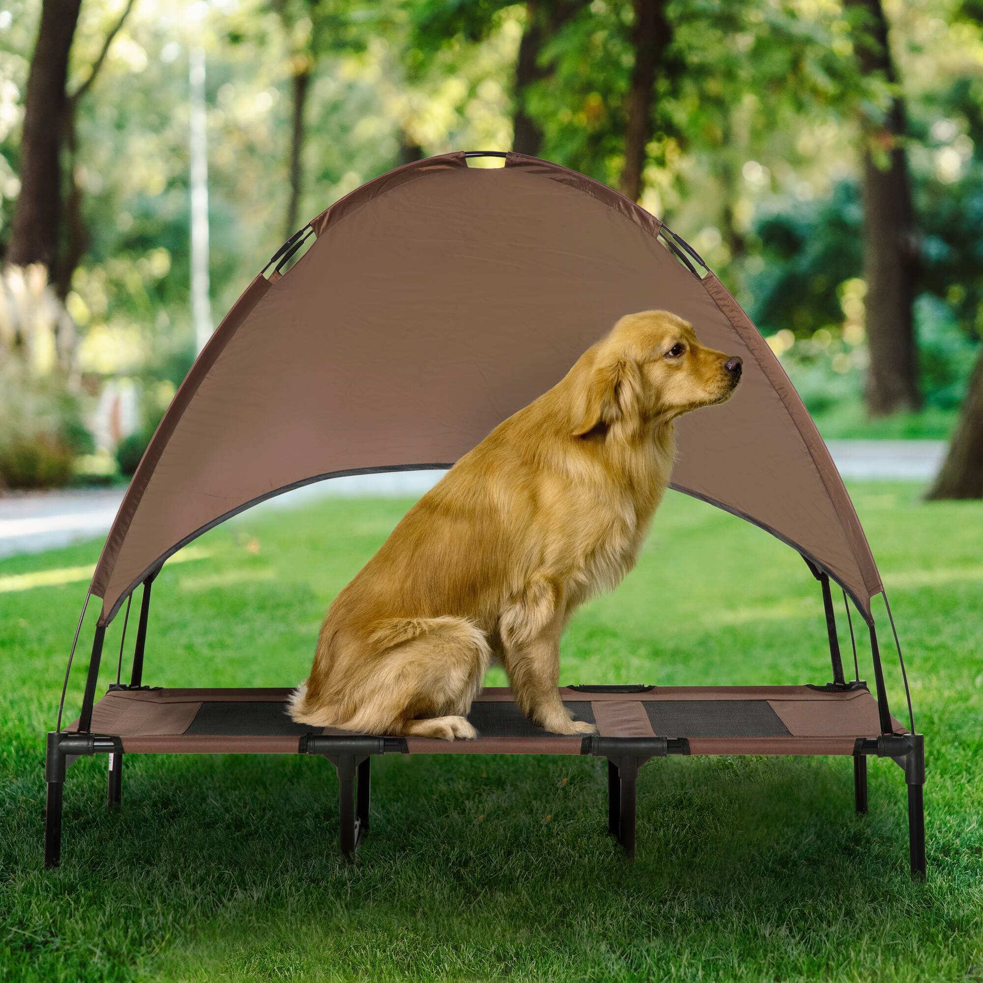 Angle. Pawhut - Elevated Dog Bed with Canopy, Cot with UV Protection Canopy Shade, 48" Pet Bed for Camping, Coffee - Coffee.