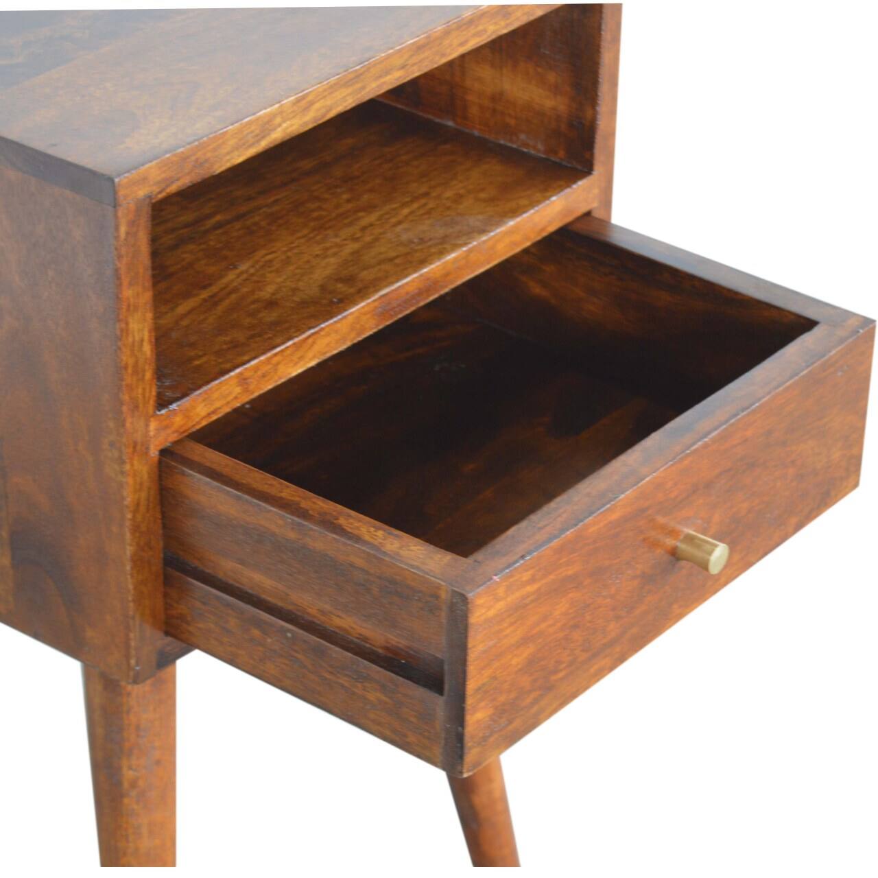 Alt View 2. Artisan Furniture - Artisan Furniture Solid Wood Mini Chestnut Nightstand, 1 drawer, 1 Open Slot, Nordic legs, Dark Brown - Chestnut.