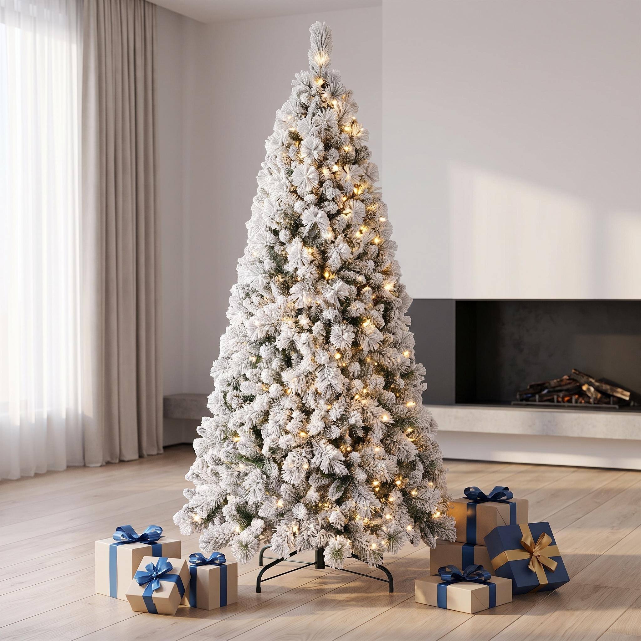 Alt View 7. Forest'nSky - 7.5 ft. Flocked Christmas Tree with 500 Warm White LED Lights, 1252 Tips, Hinged Design, and Metal Stand - Green,White.