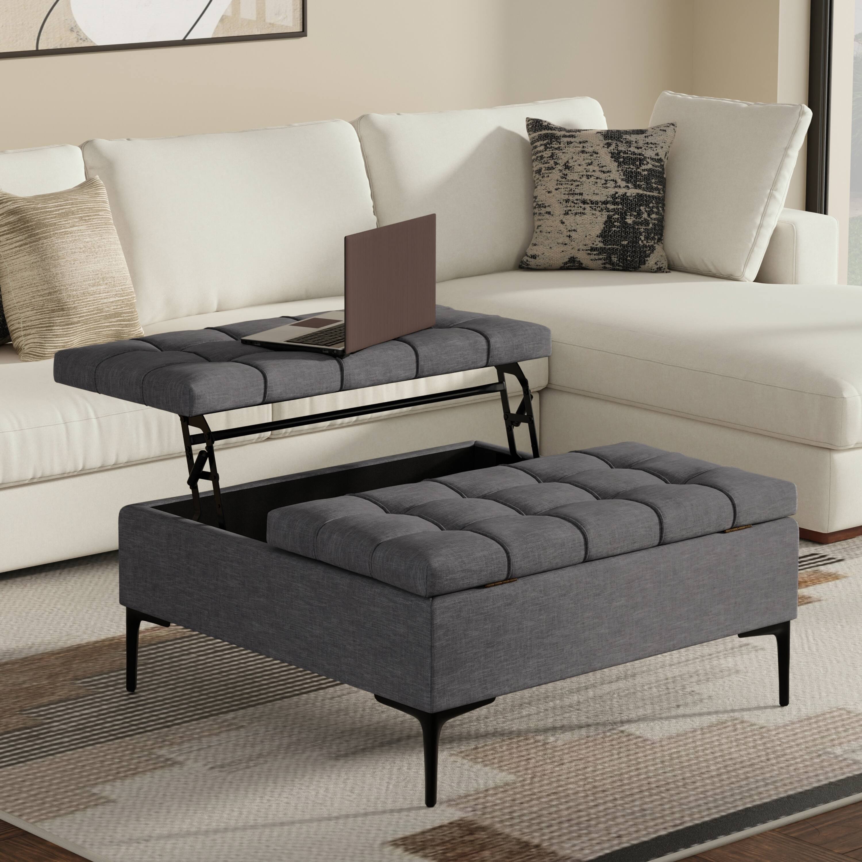 Angle. Simpli Home - Laura 36 inch Wide Transitional Square Mid Century Lift Top Storage Ottoman in Slate Grey Polyester Linen, Assembled - Slate Grey.