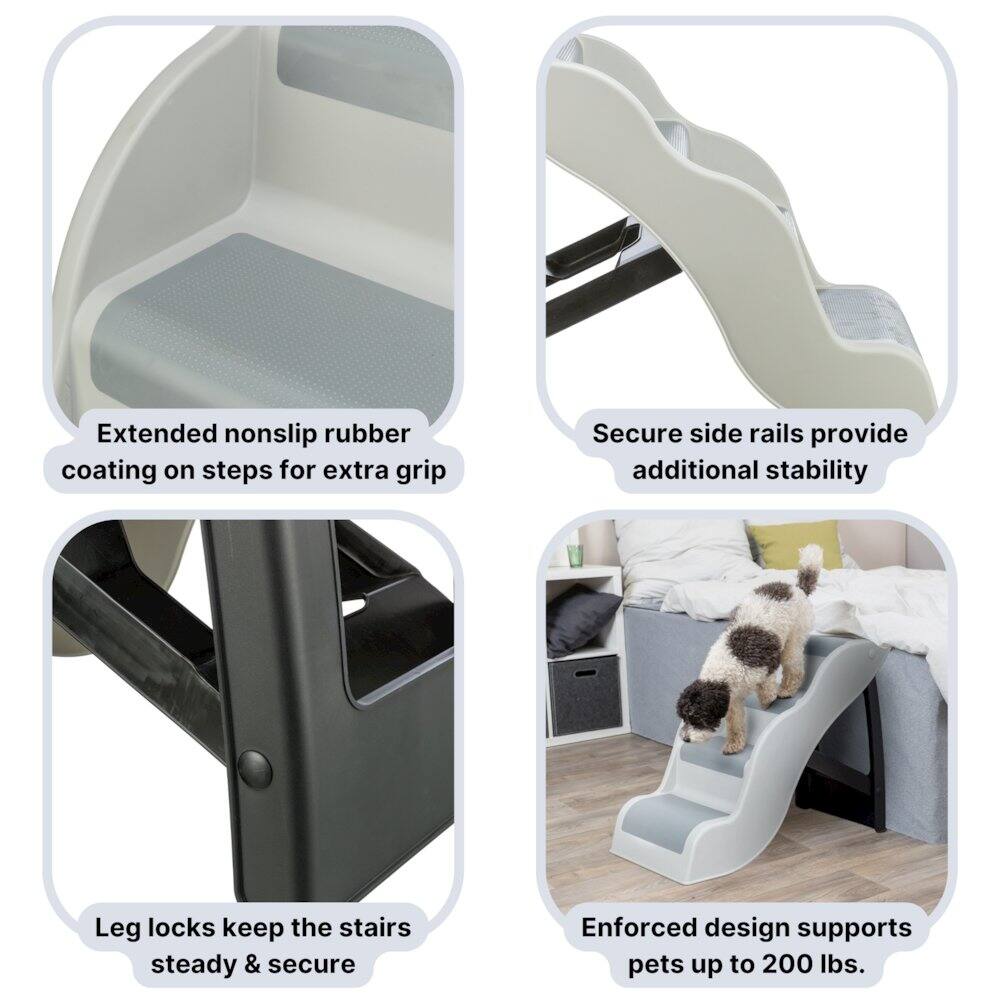 Extended nonslip rubber coating on steps for extra grip  
Secure side rails provide additional stability  
Leg locks keep the stairs steady & secure  
Enforced design supports pets up to 200 lbs.