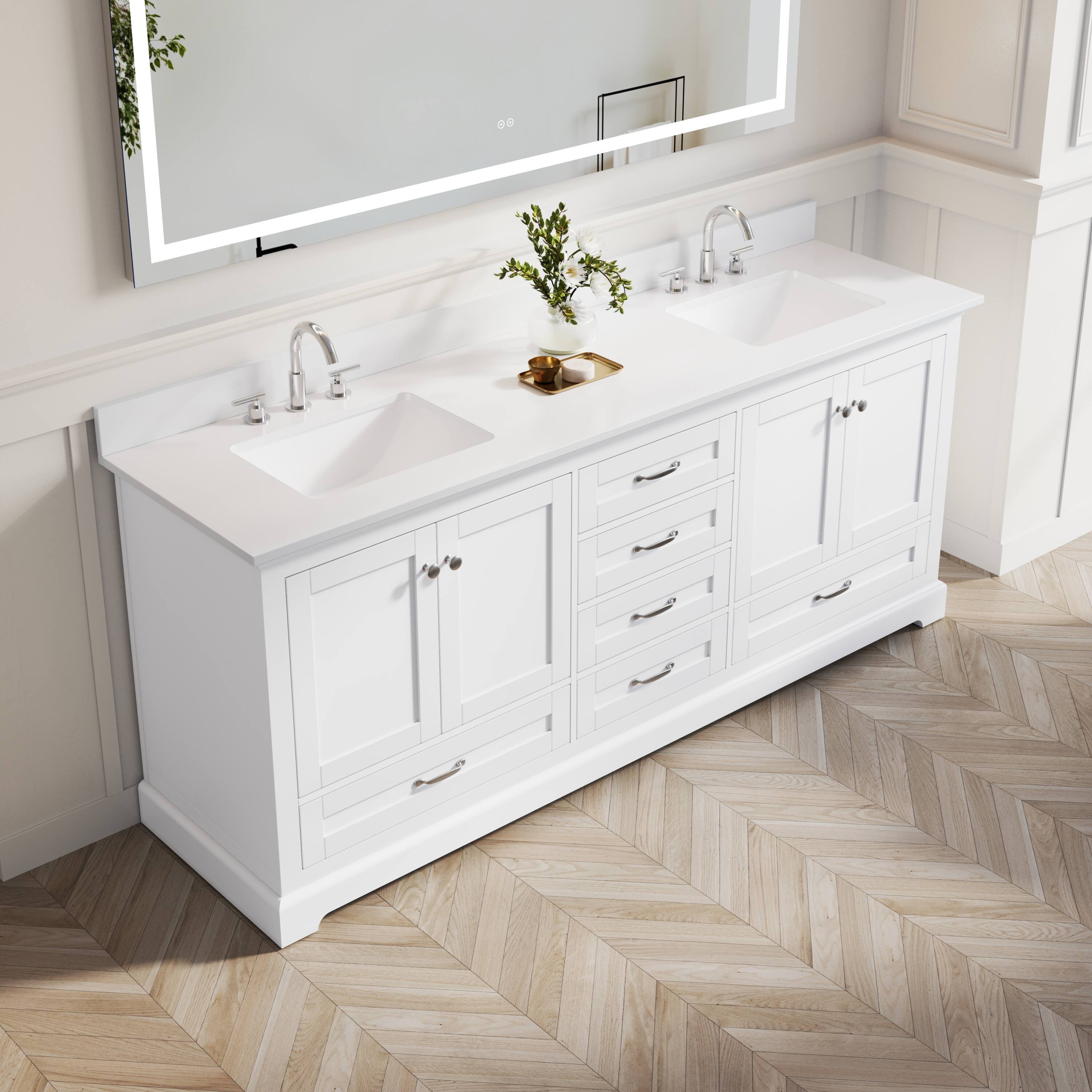 Angle. WELLFOR - LVD 80 in. Solid Wood Double Sink Freestanding Bath Vanity with Culutered Marble Top, Assembled - White.