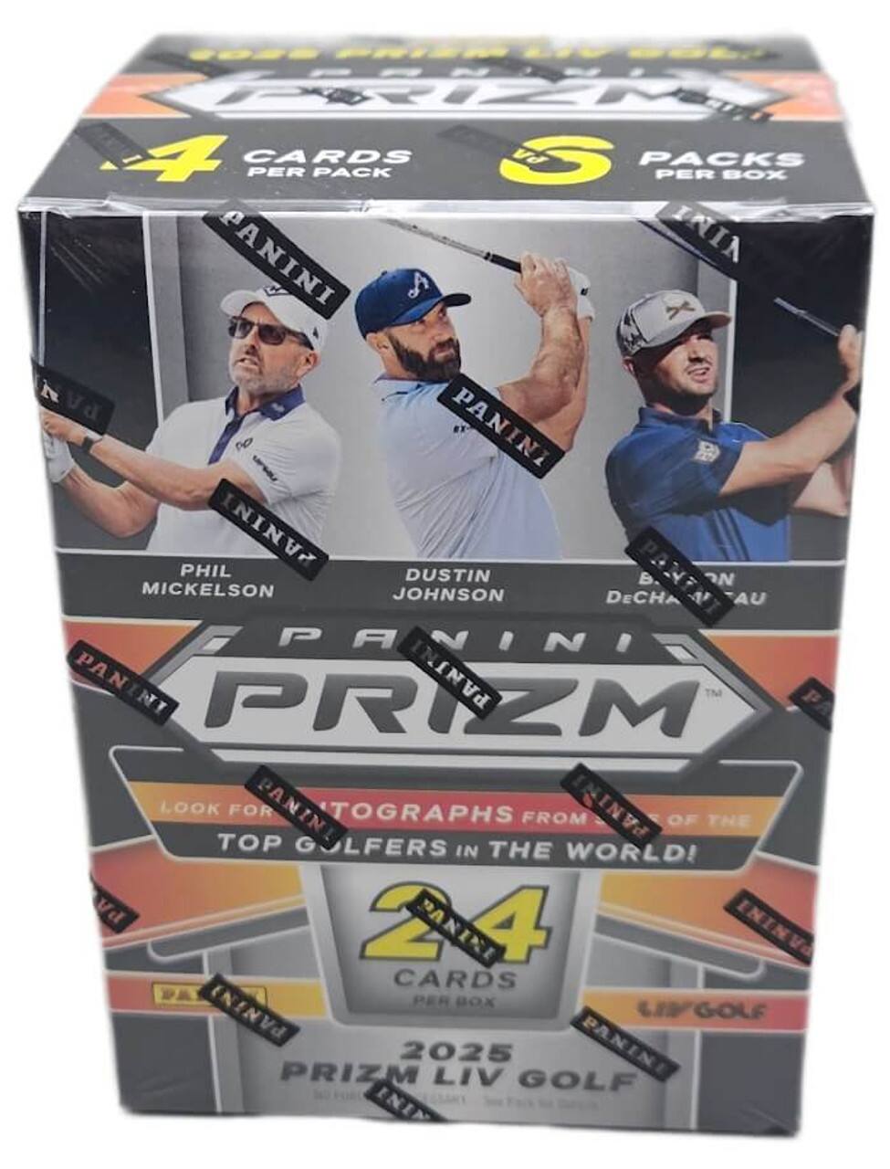 PANINI PRIZM  
2025 LIV GOLF  

4 CARDS PER PACK  
5 PACKS PER BOX  

PHIL MICKELSON  
DUSTIN JOHNSON  
BYRON DECHAMBEAU  

LOOK FOR PANINI AUTOGRAPHS FROM THE TOP GOLFERS IN THE WORLD!  

24 CARDS PER BOX  

PANINI LIV GOLF