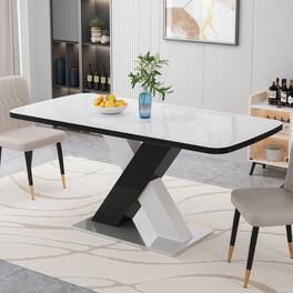 Tiramisubest - Modern Square Dining Table, Stretchable, White Table Top + MDF X-Shape Black and White Color Table Leg with Metal Base - White+Black