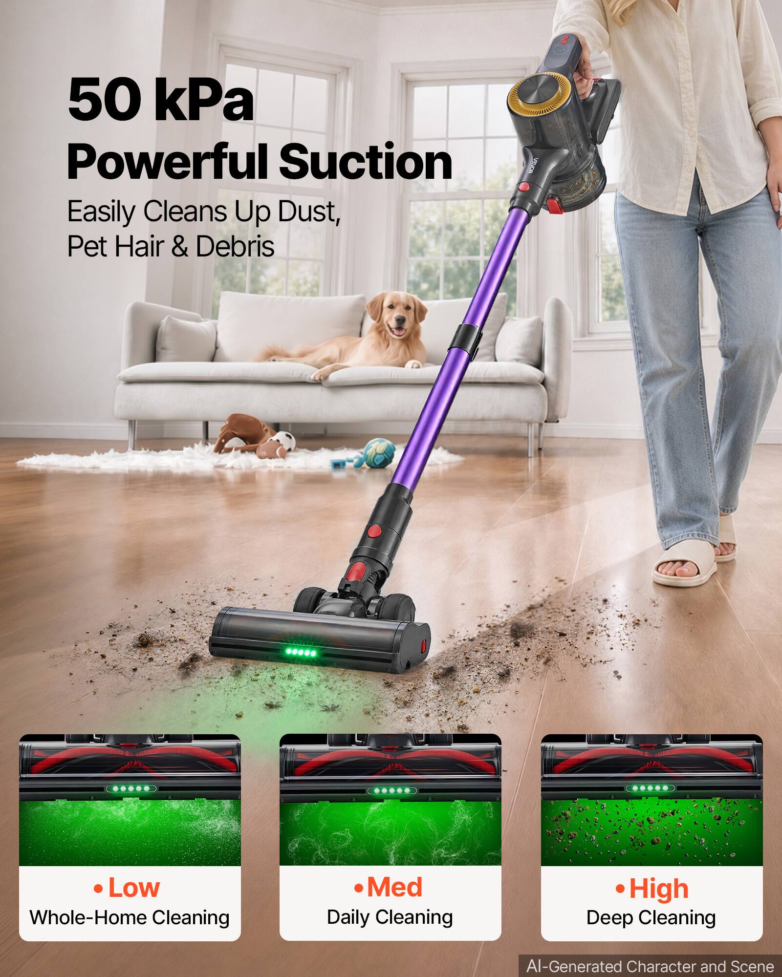 50 kPa Powerful Suction  
Easily Cleans Up Dust, Pet Hair & Debris  

Low Whole-Home Cleaning  
Med Daily Cleaning  
High Deep Cleaning  

AI-Generated Character and Scene