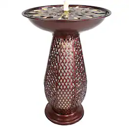 Sunnydaze - Iron Crosshatch Bird Bath Water Fountain with LED Lights - Brown