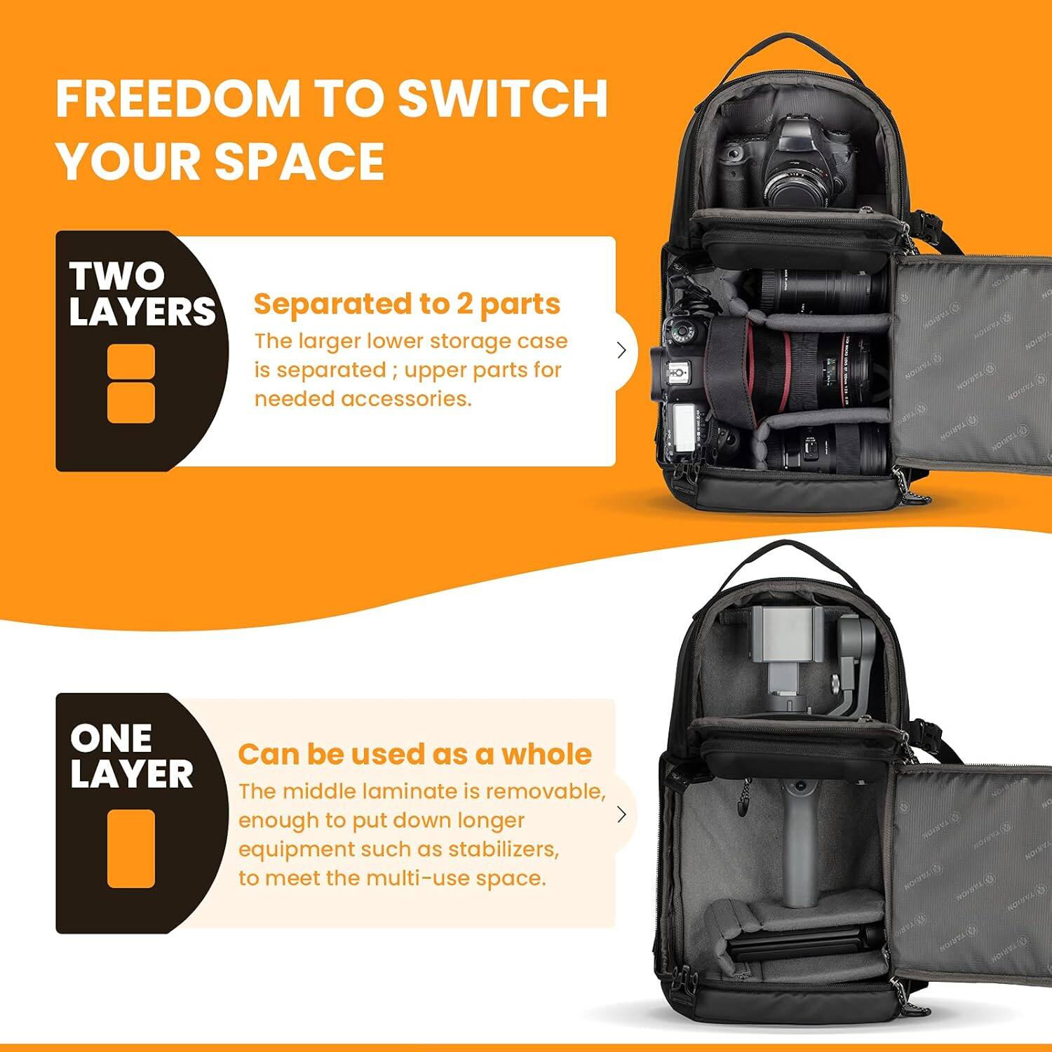 FREEDOM TO SWITCH YOUR SPACE

TWO LAYERS
Separated to 2 parts
The larger lower storage case is separated; upper parts for needed accessories.

ONE LAYER
Can be used as a whole
The middle laminate is removable, enough to put down longer equipment such as stabilizers, to meet the multi-use space.