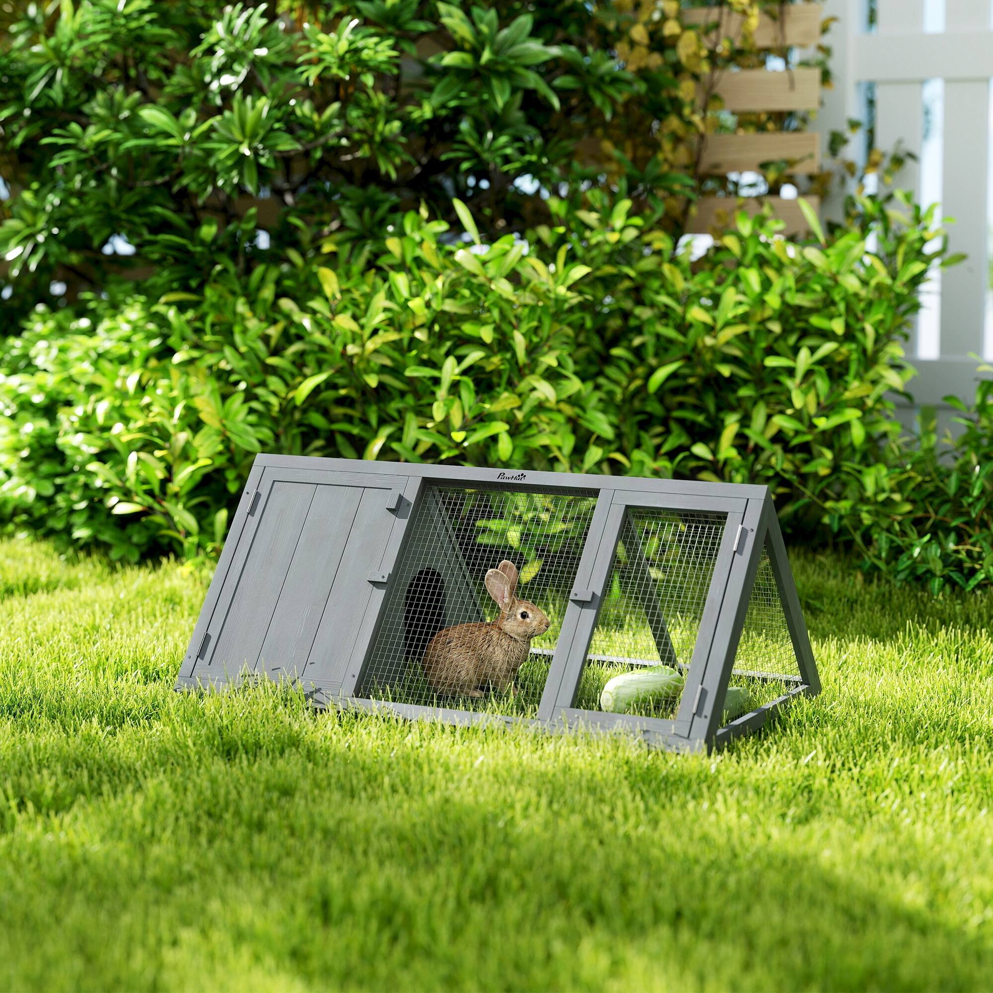 Alt View 1. Pawhut - Hutch, Wooden Guinea Pig Hutch with Run and Doors, Outdoor Triangle Bunny House for Rabbits - Gray.