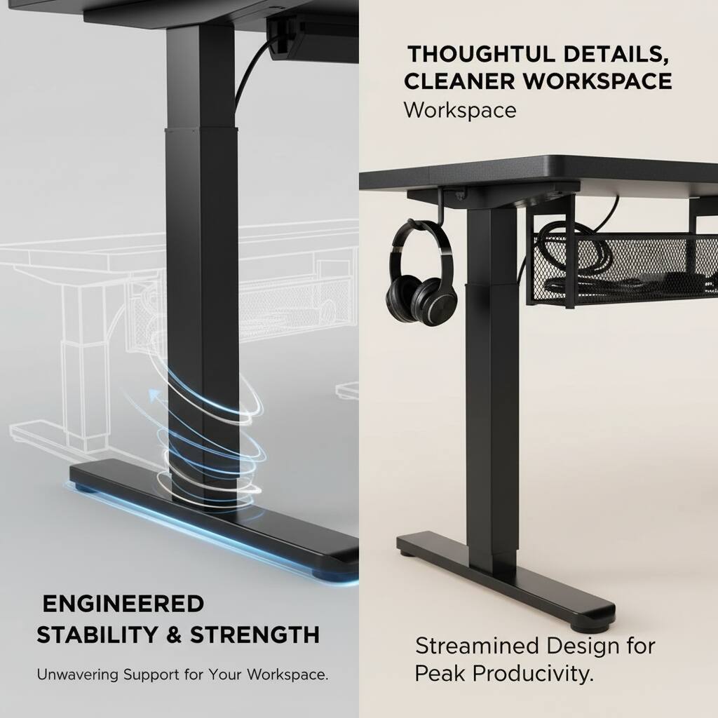 THOUGHTFUL DETAILS, CLEANER WORKSPACE  
Workspace  

ENGINEERED STABILITY & STRENGTH  
Unwavering Support for Your Workspace.  

Streamlined Design for Peak Productivity.