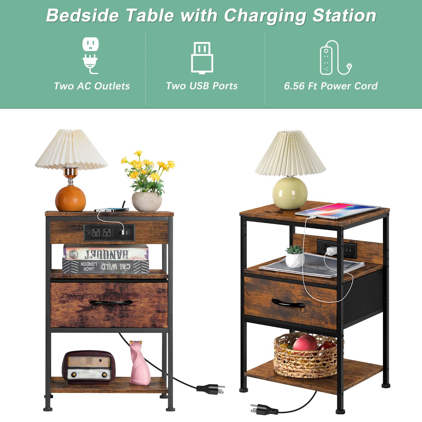 Bedside Table with Charging Station  
Two AC Outlets  
Two USB Ports  
6.56 Ft Power Cord