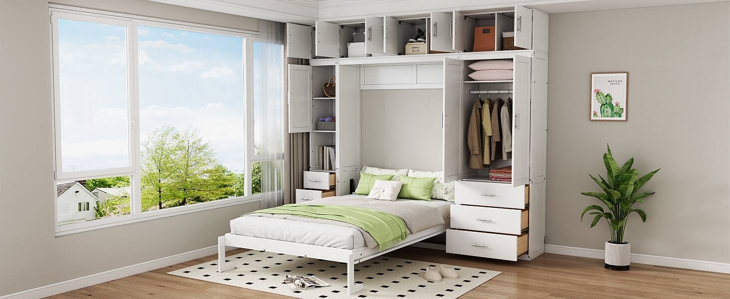 Alt View 5. Tiramisubest - Full Size White Murphy Bed with Lockers and Wardrobes, Solid Wood+MDF, Space-saving, Installation Video - White.