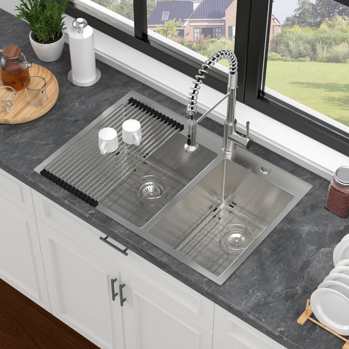 Ropilly 33 inch drop in double bowl kitchen sink, 16 gauge T304 ...
