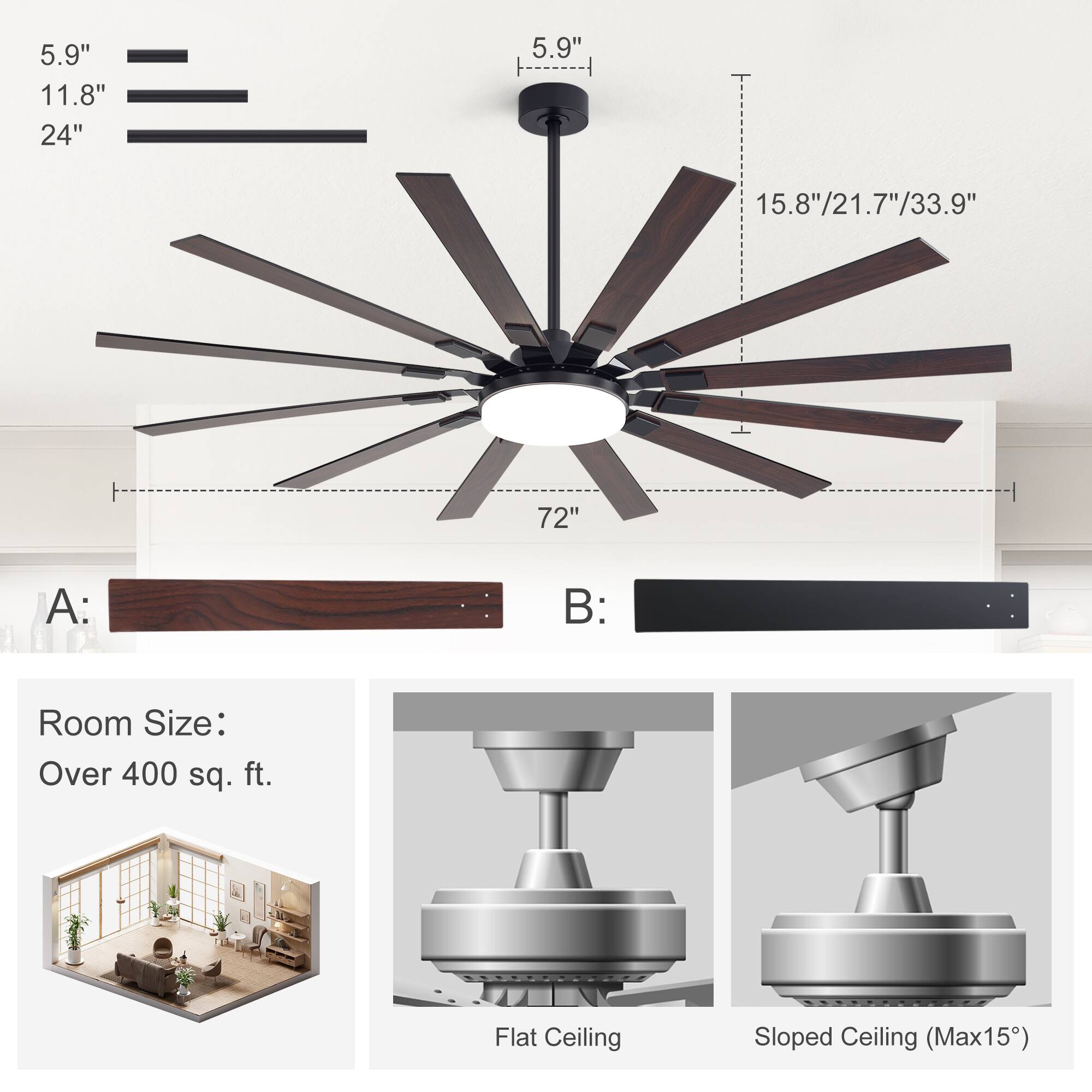 5.9"  
11.8"  
24"  
5.9"  
15.8"/21.7"/33.9"  
72"  

A:  
B:  

Room Size:  
Over 400 sq. ft.  

Flat Ceiling  
Sloped Ceiling (Max15°)