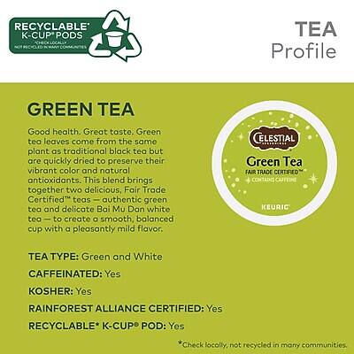 **TEA Profile**

**GREEN TEA**

Good health. Great taste. Green tea leaves come from the same plant as traditional black tea but are quickly dried to preserve their vibrant color and natural antioxidants. This blend brings together two delicious, Fair Trade Certified teas - authentic green tea and delicate Bai Mu Dan white tea - to create a smooth, balanced cup with a pleasantly mild flavor.

- **TEA TYPE:** Green and White
- **CAFFEINATED:** Yes
- **KOSHER:** Yes
- **RAINFOREST ALLIANCE CERTIFIED:** Yes
- **RECYCLABLE* K-CUP POD:** Yes

*Check locally, not recycled in many communities.

**CELESTIAL Green Tea**
- **FAIR TRADE CERTIFIED**
- **CONTAINS CAFFEINE**

**KEURIC**