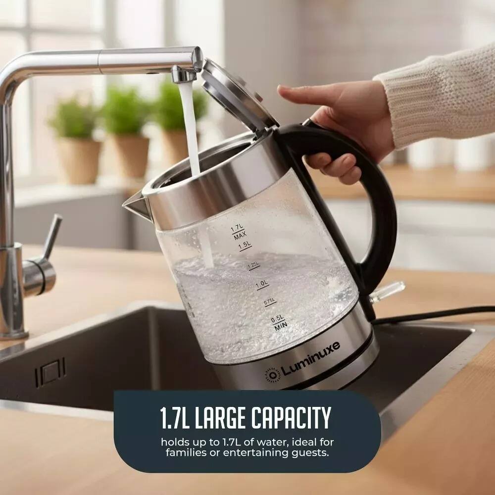 1.7L 1 MAX 1.5L 1.25L 1.0L 1 0.75L 0.5L 3 MIN

Luminuxe

1.7L LARGE CAPACITY holds up to 1.7L of water, ideal for families or entertaining guests.