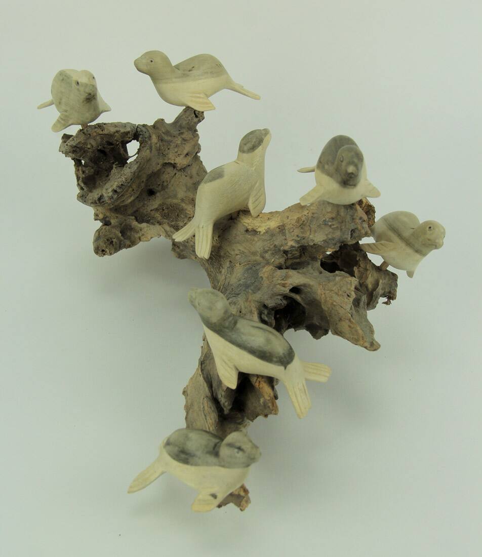 Alt View 1. Things2Die4 - 7 Seals On Old Log Hand Carved Wood Statue - Brown.