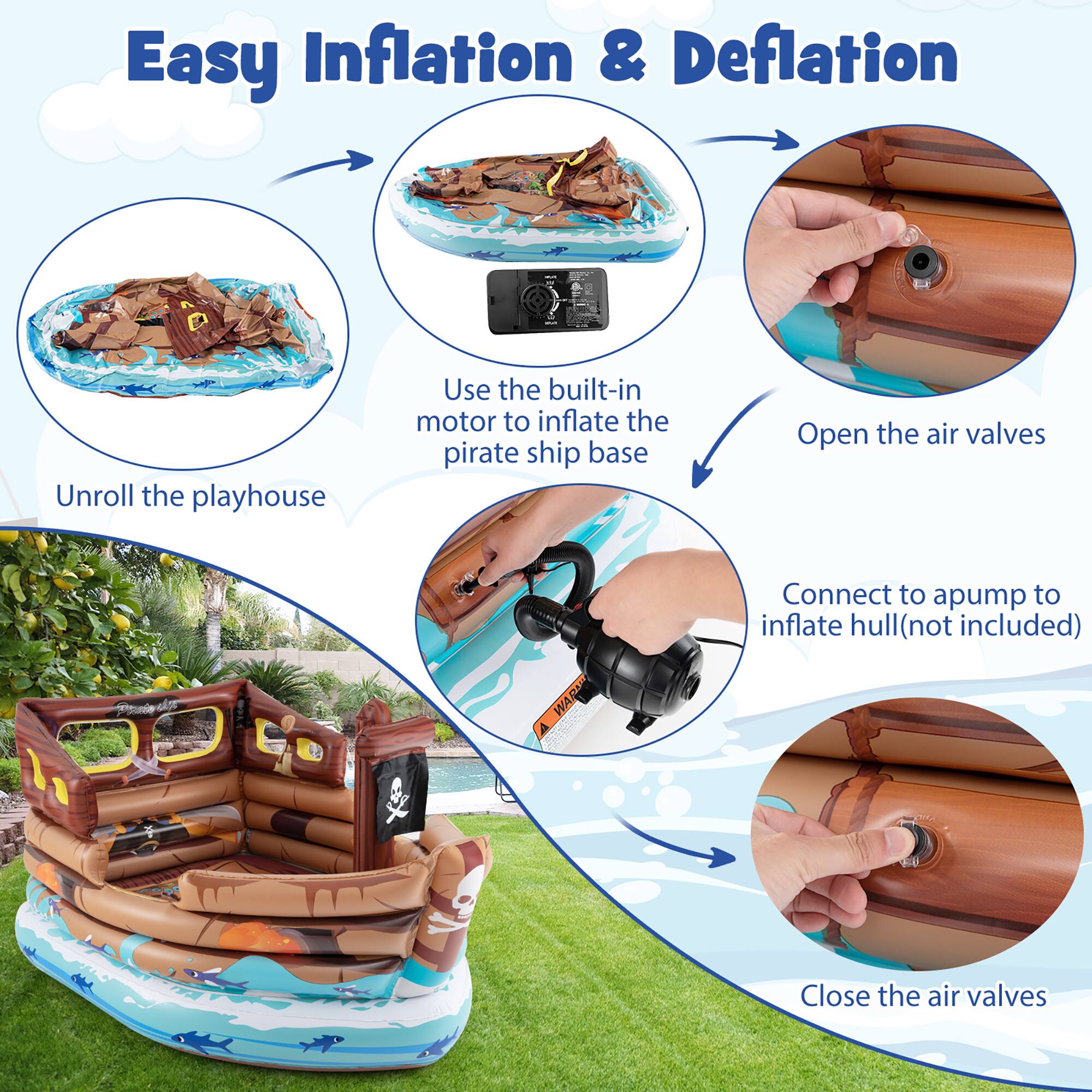 Easy Inflation & Deflation

1. Unroll the playhouse
2. Use the built-in motor to inflate the pirate ship base
3. Open the air valves
4. Connect to a pump to inflate hull (not included)
5. Close the air valves