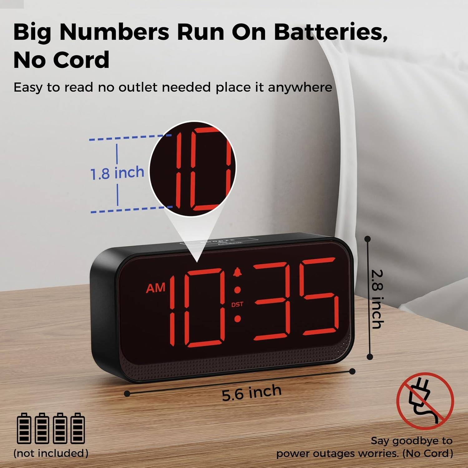 Big Numbers Run On Batteries, No Cord

Easy to read no outlet needed place it anywhere

1.8 inch AM 2.8 inch 10:35 DST 5.6 inch (not included)

Say goodbye to power outages worries. (No Cord)