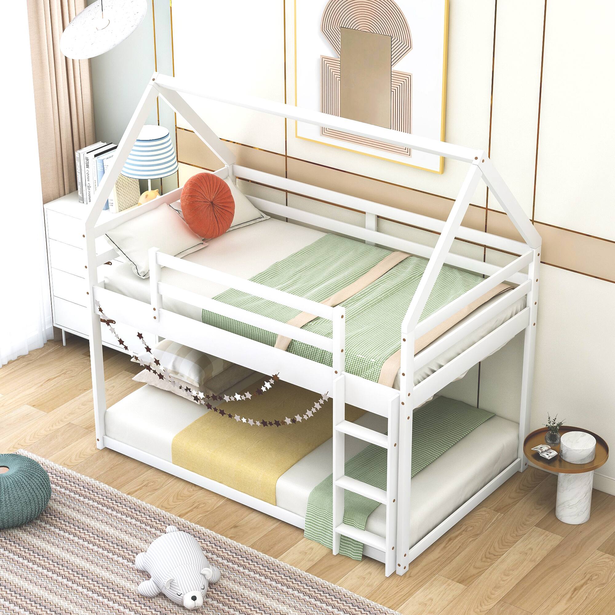Left. Aukfa - Twin over Twin Low Bunk Bed, House Bed with Ladder - White.