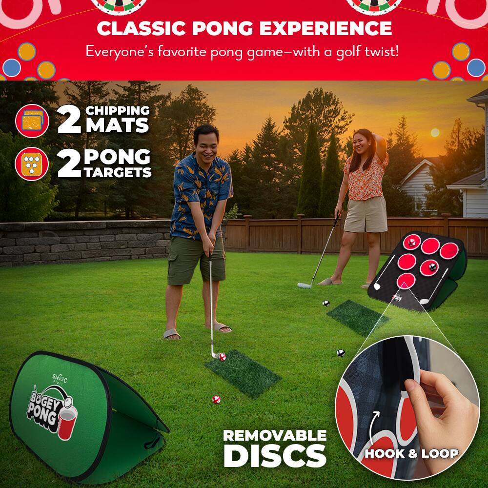 CLASSIC PONG EXPERIENCE  
Everyone's favorite pong game—with a golf twist!

2 CHIPPING MATS  
2 PONG TARGETS

REMOVABLE DISCS  
HOOK & LOOP