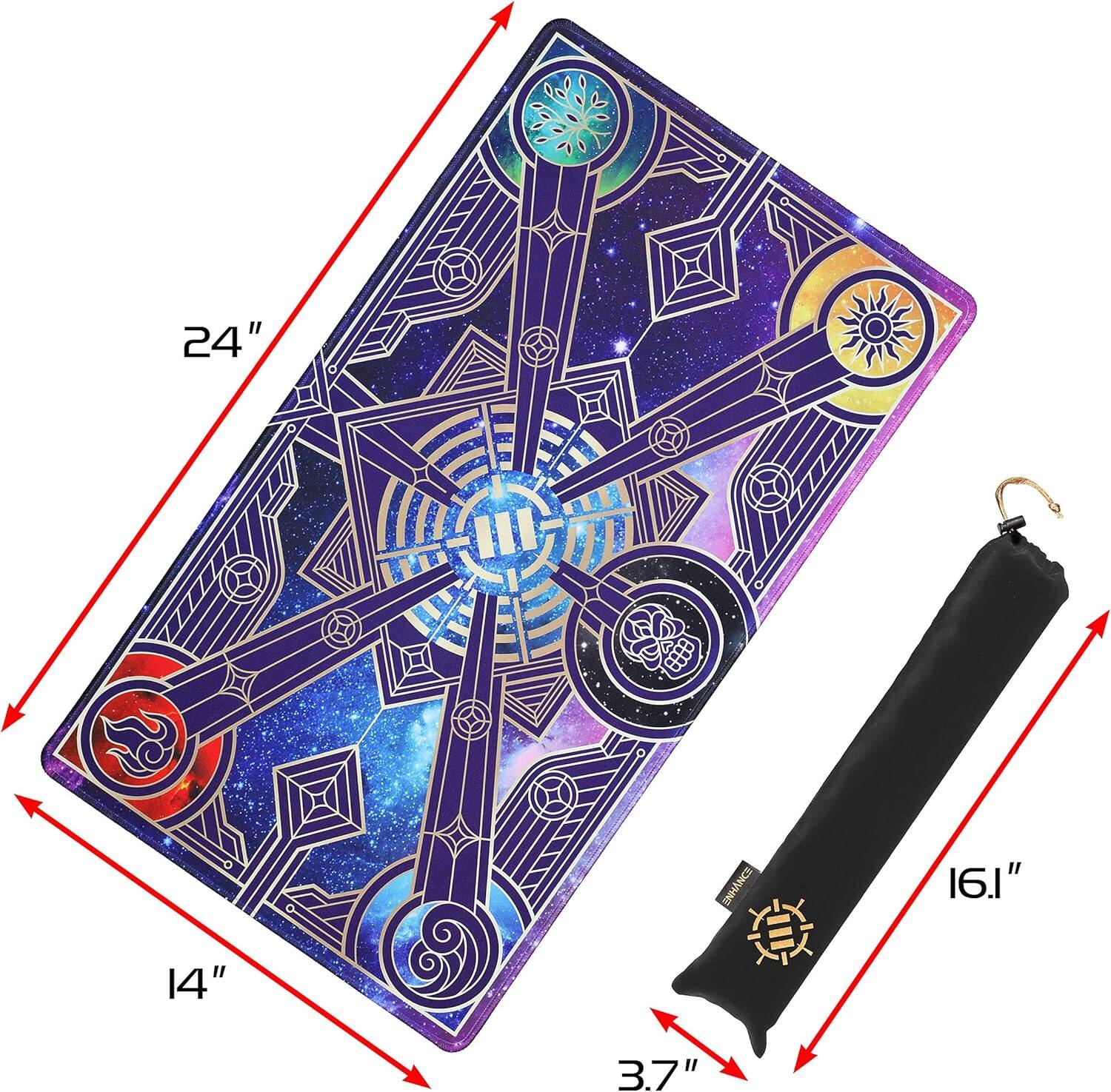 The image shows a cardboard box with a blue background and a purple design. The box is 24 inches long, 16.1 inches wide, and 14 inches tall. The box also has a 3.7 inch long strap.