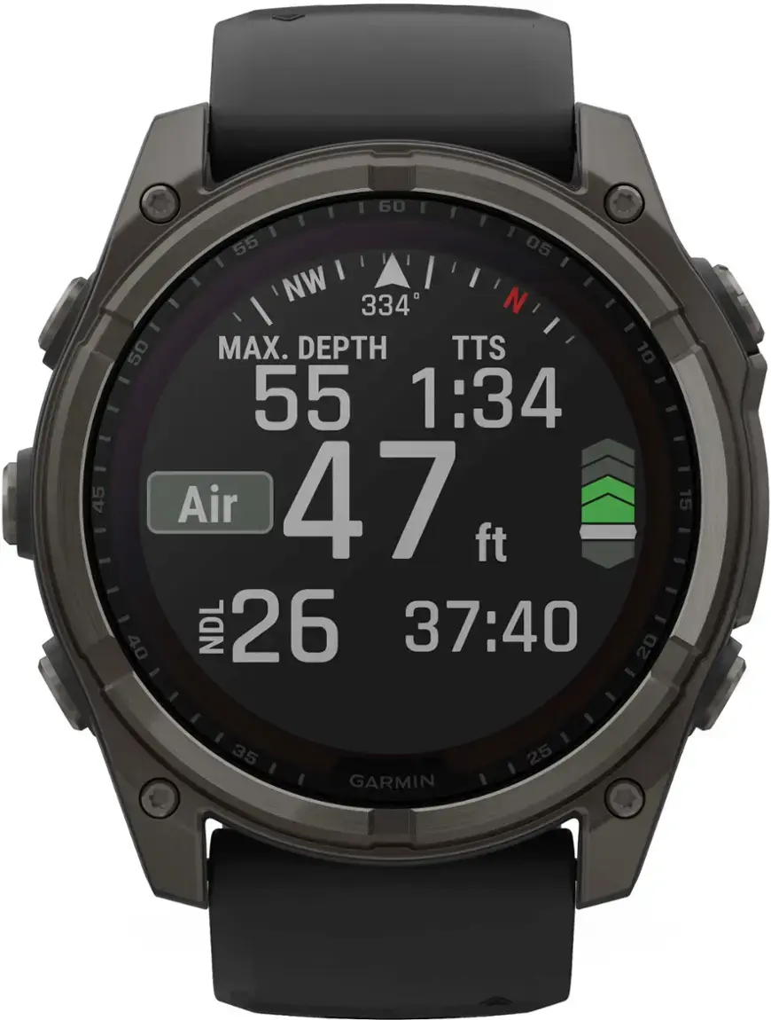 The text on the image reads: "60 45 50 - 40 55 05 NW 334 N - MAX. DEPTH TTS 10 - 55 1:34 - - Air 47 15 - ft - - - NDL 26 37:40 20 - - I - I 35 25 I I GARMIN."