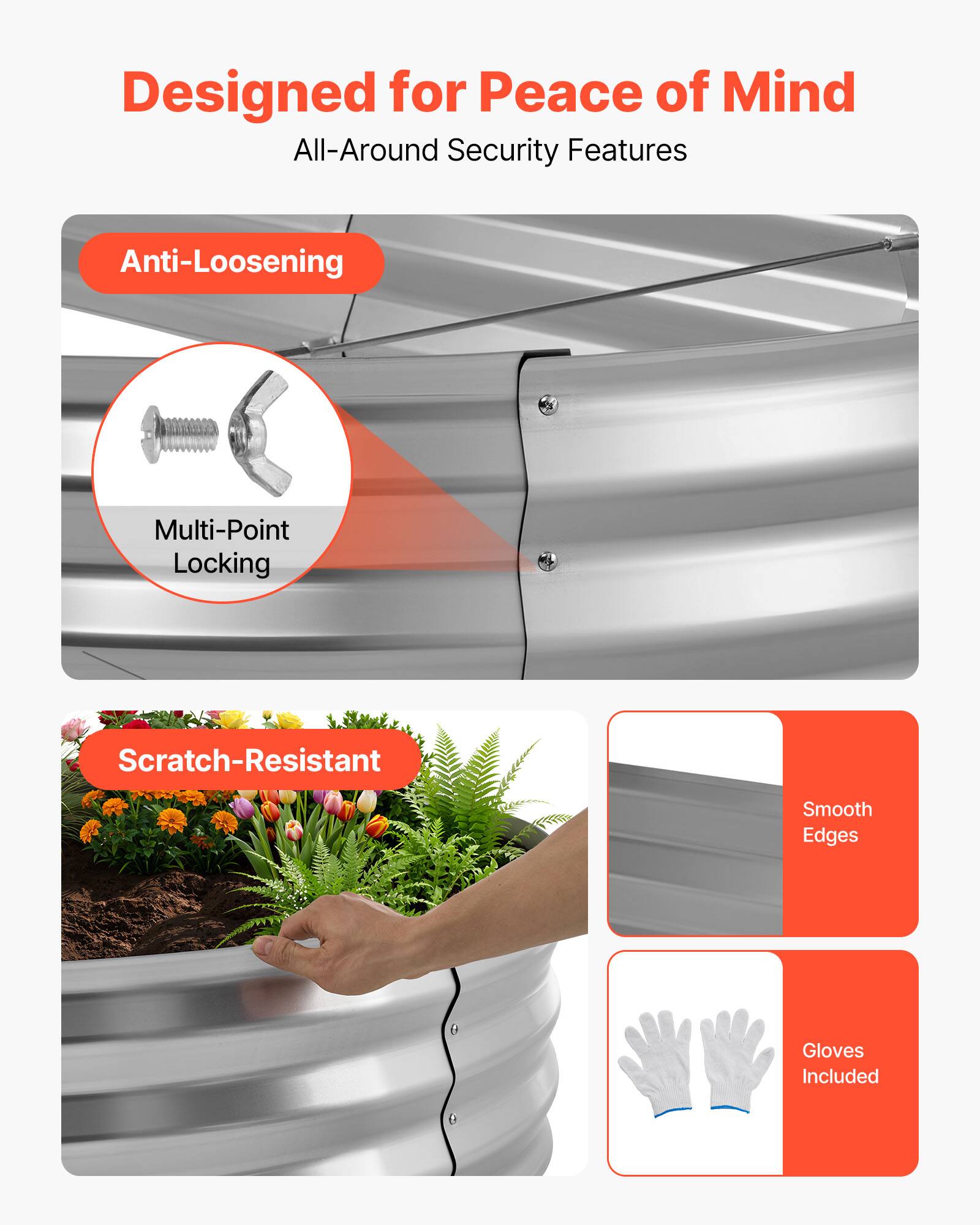 Designed for Peace of Mind  
All-Around Security Features  

- Anti-Loosening  
- Multi-Point Locking  
- Scratch-Resistant  
- Smooth Edges  
- Gloves Included