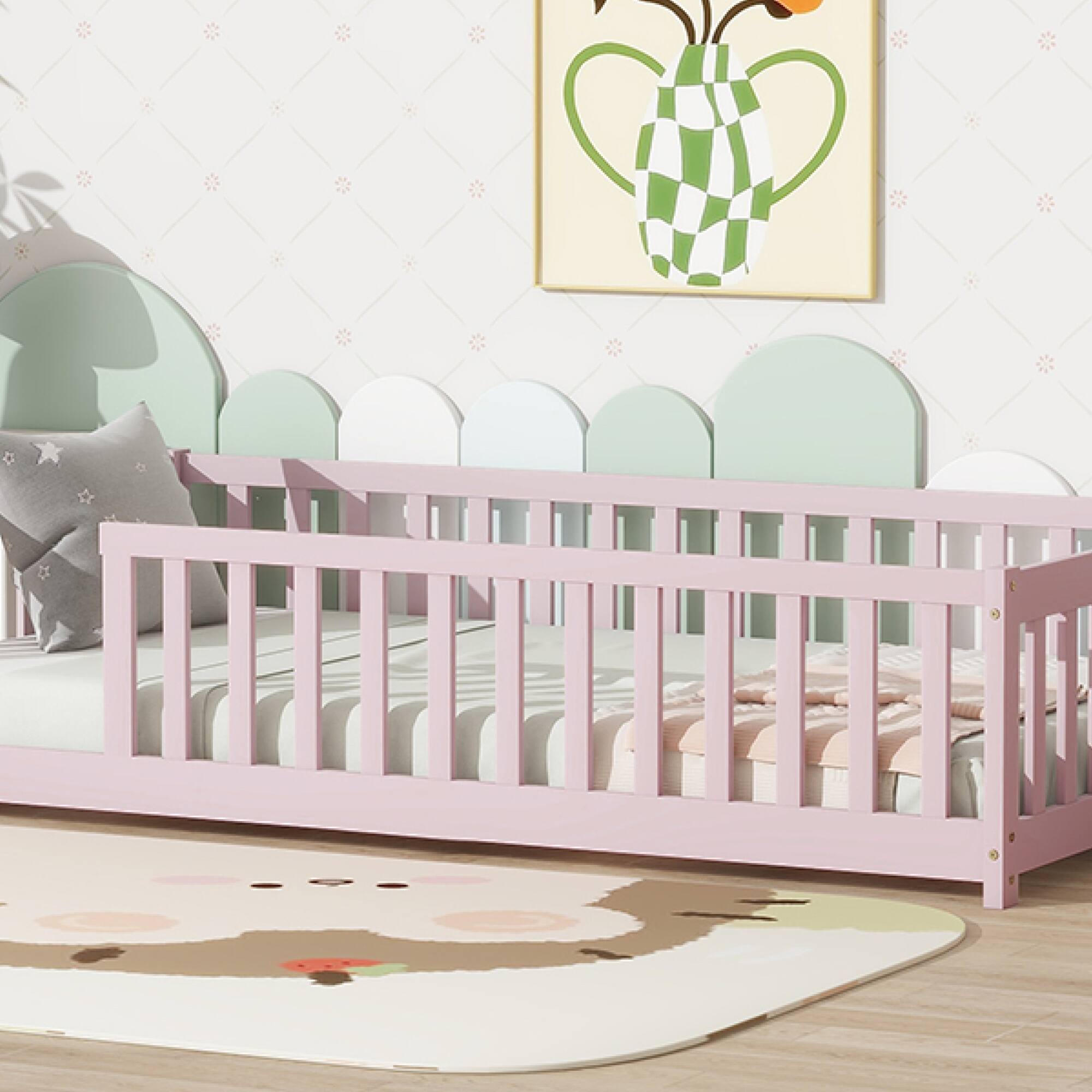 Alt View 4. GOODSILO - Twin Size Low-Profile Youth Bed with Secure Enclosure Frame, Solid Wood Construction, Neutral Finish - Pink.