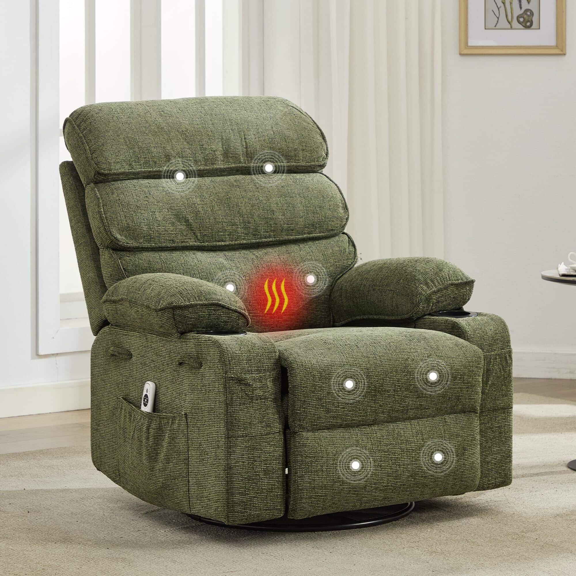 Acekool - 360° Swivel Massage Rocker Recliner with Heat & Linen Upholstery, Glider Chair with 2 Cup Holders & Side Pocket - Green
