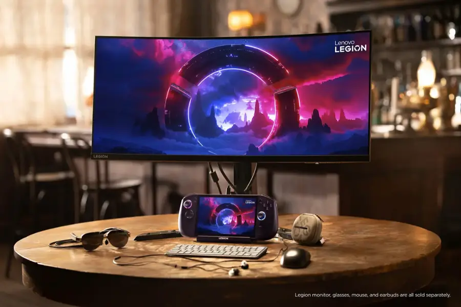 Lenovo Legion monitor, glasses, mouse, and earbuds are all sold separately.