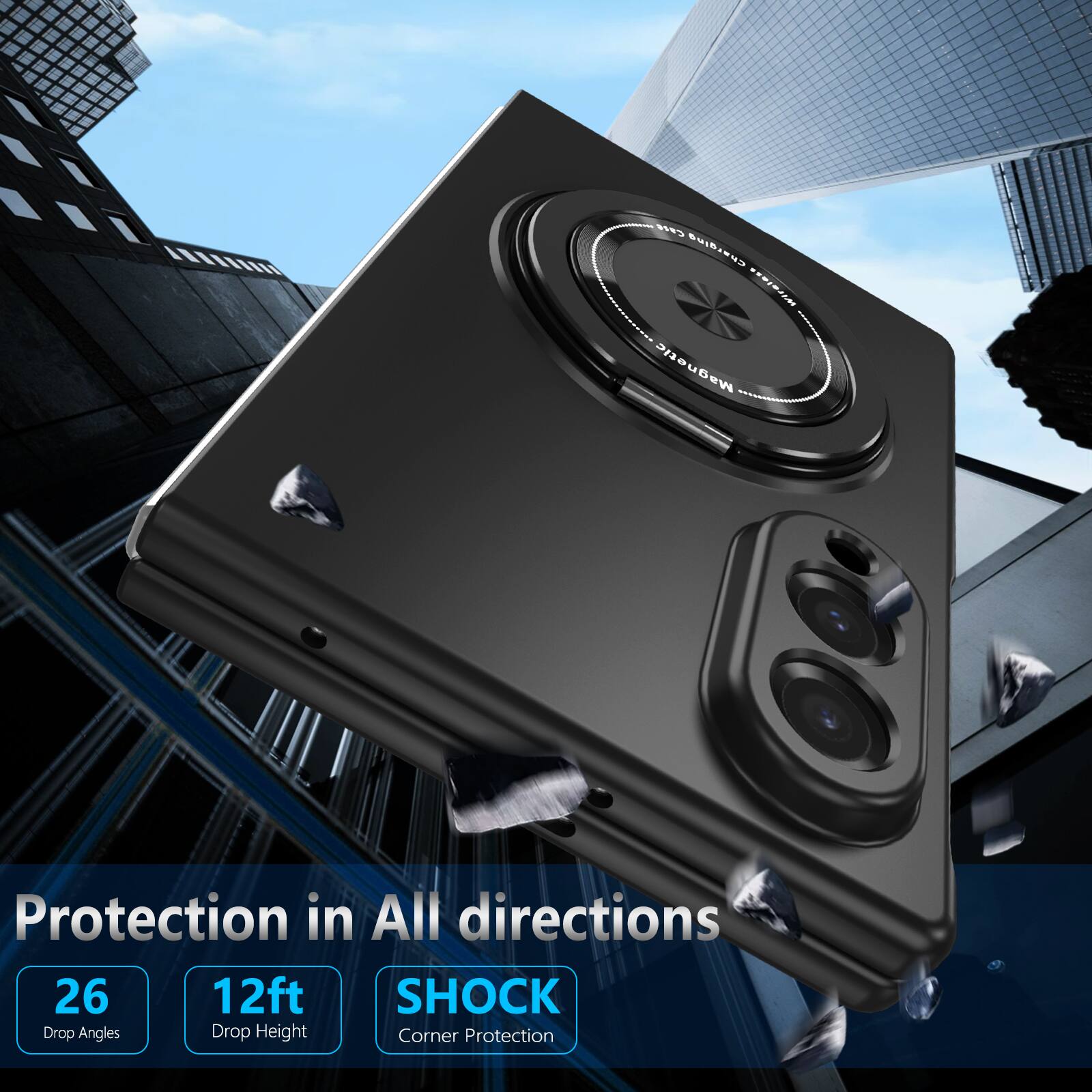 CHIP Charging Wireless Magnetic  
Protection in All directions  
26 Drop Angles  
12ft Drop Height  
SHOCK Corner Protection