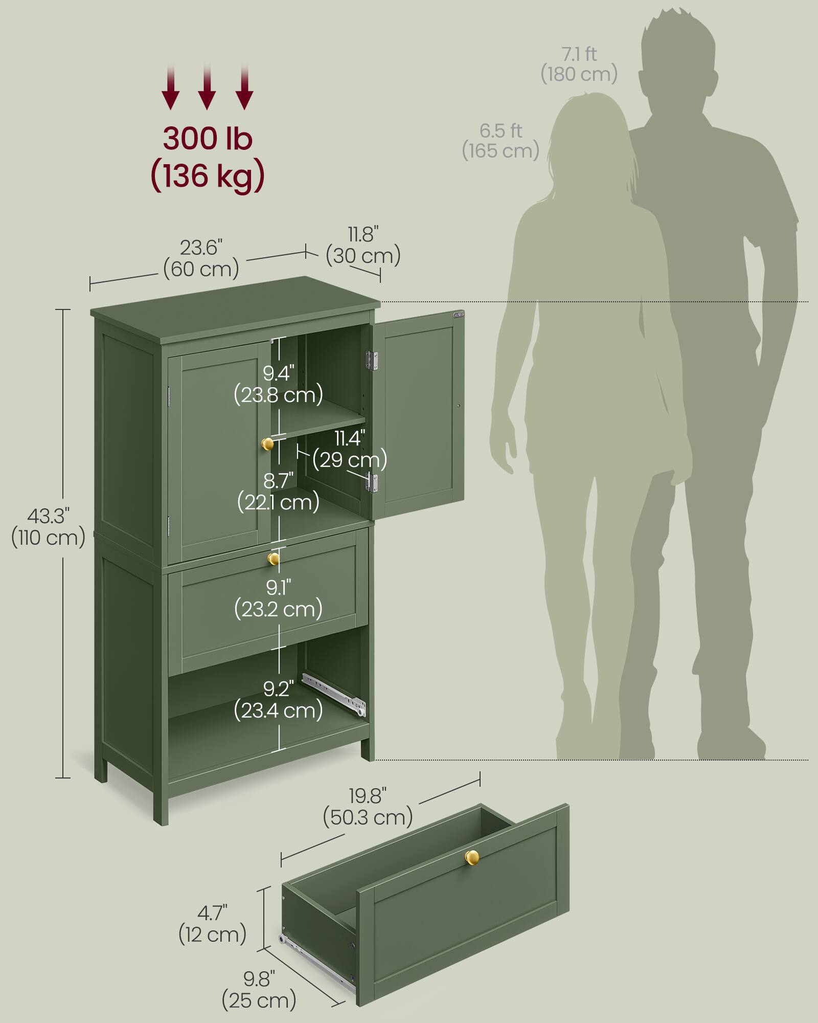 7.1 ft (180 cm)  
300 lb (136 kg)  
6.5 ft (165 cm)  
23.6" (60 cm)  
11.8" (30 cm)  
43.3" (110 cm)  
9.4" (23.8 cm)  
11.4" (29 cm)  
8.7" (22.1 cm)  
9.1" (23.2 cm)  
9.2" (23.4 cm)  
19.8" (50.3 cm)  
4.7" (12 cm)  
9.8" (25 cm)