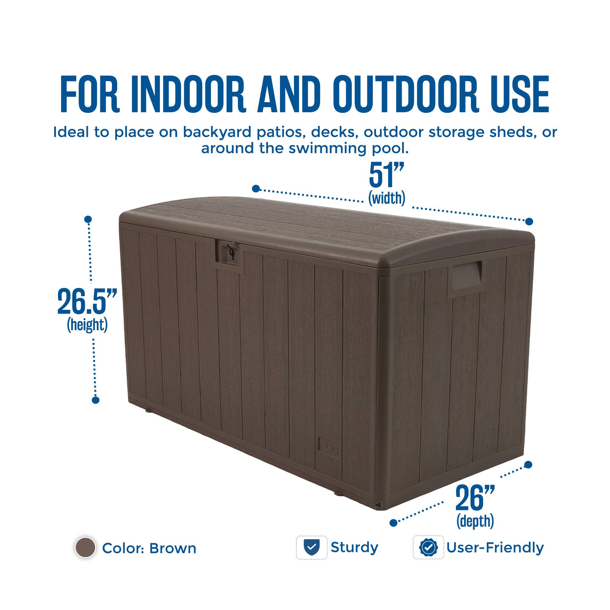 FOR INDOOR AND OUTDOOR USE  
Ideal to place on backyard patios, decks, outdoor storage sheds, or around the swimming pool.  

51" (width)  
26.5" (height)  
26" (depth)  

Color: Brown  

Sturdy  
User-Friendly