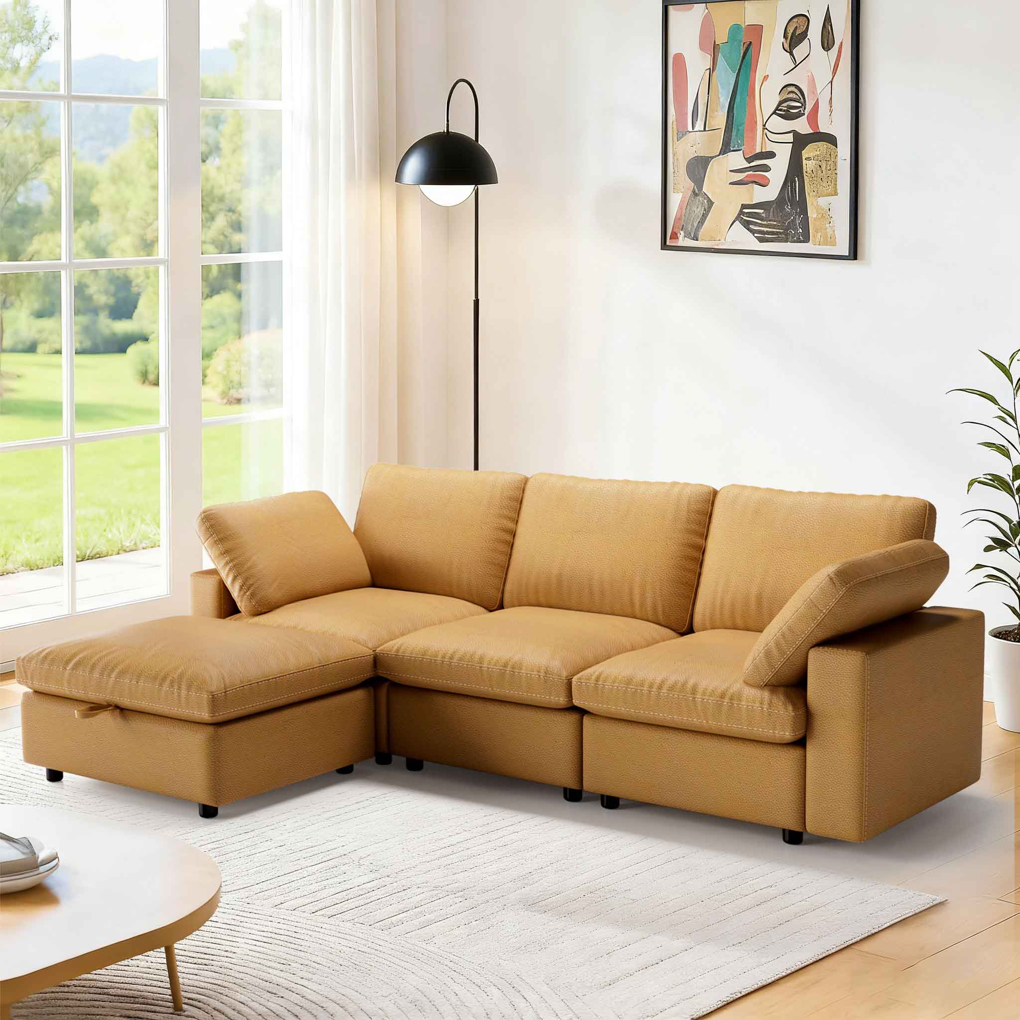 Dyonery - 100" Leather Modular Sectional Sofa with Storage Ottoman, 3-Seater L-Shaped Solid Wood Frame，Camel - Brown-L