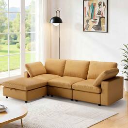 Dyonery - 100" Leather Modular Sectional Sofa with Storage Ottoman, 3-Seater L-Shaped Solid Wood Frame,Camel - Brown-L