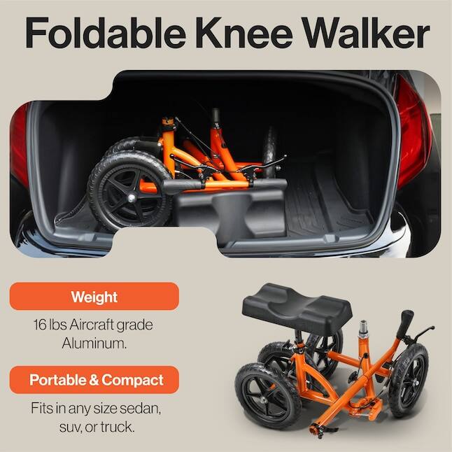 Foldable Knee Walker

Weight: 16 lbs Aircraft grade Aluminum.

Portable & Compact
Fits in any size sedan, suv, or truck.