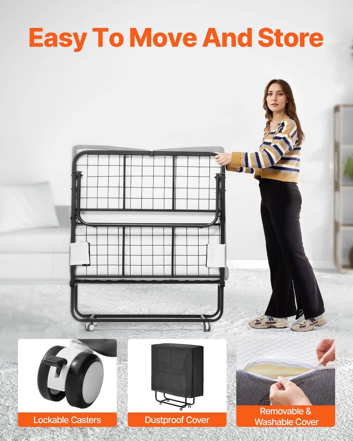 Easy To Move And Store

Lockable Casters

Dustproof Cover

Removable & Washable Cover