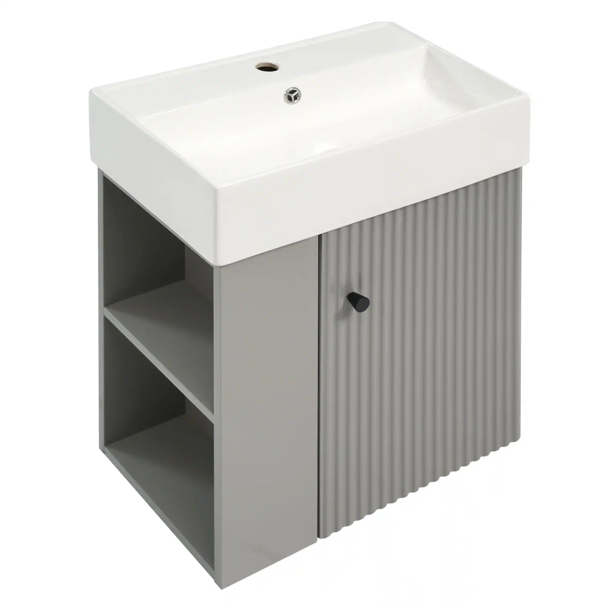 Angle. Boyel Living - 21.6 Inch Gray Bathroom Vanity with Ceramic Sink Left Side Storage Soft Close Door MDF Cabinet Wall Mounted - Gray.