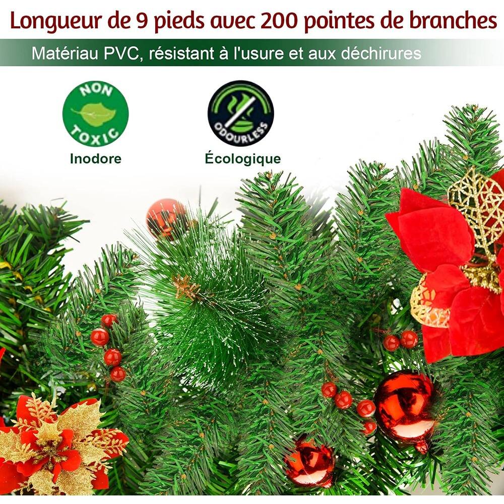 Longueur de 9 pieds avec 200 pointes de branches  
Matériau PVC, résistant à l'usure et aux déchirures  
NON TOXIC  
Inodore  
ÉCOLOGIQUE  
Odourless