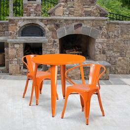 Emma + Oliver - Commercial Grade 30" Round Metal Indoor-Outdoor Table Set with 2 Arm Chairs - Orange